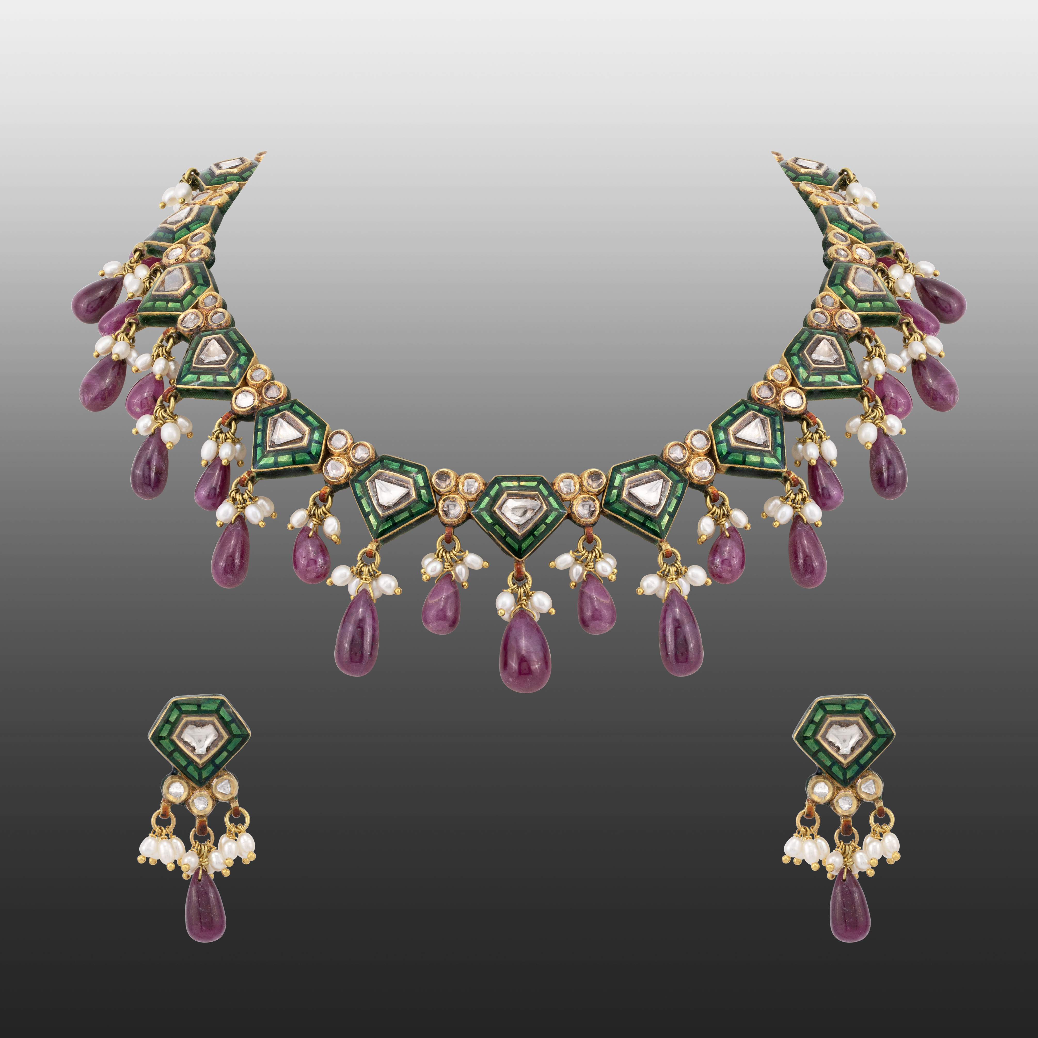 Green Talaf Polki Neacklace Set with Ruby Colour Drops